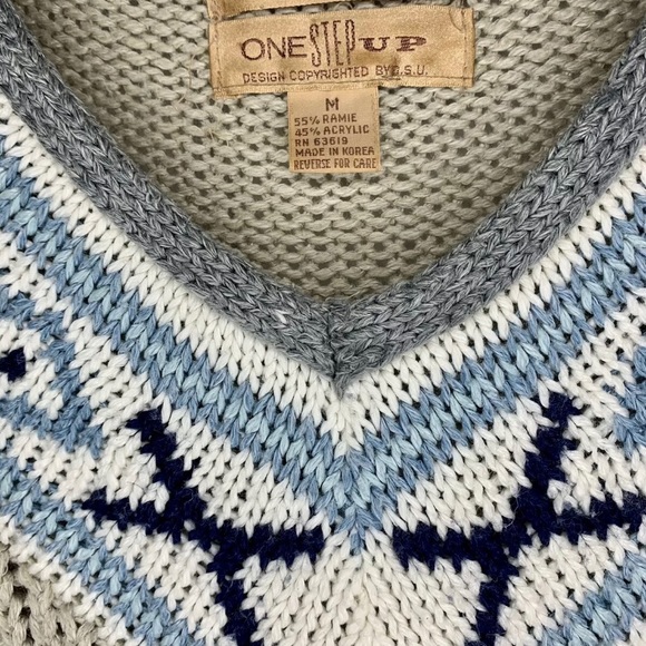 Hand Knitted Sweater One Step Up Vintage V-Neck Grey & Blue Women’s Medium - Picture 3 of 4